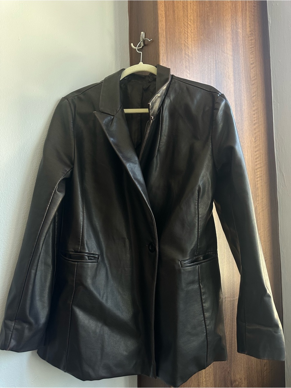 Women’s Black Faux Leather Blazer Jacket - Classic Tailored Coat